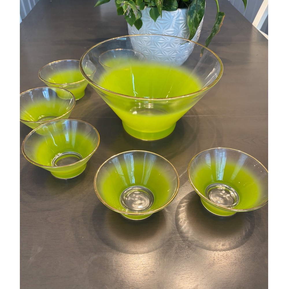Vintage Mid Century Modern Chartreuse Green Frosted Gold Rim Bowl Set 7pc Rare
